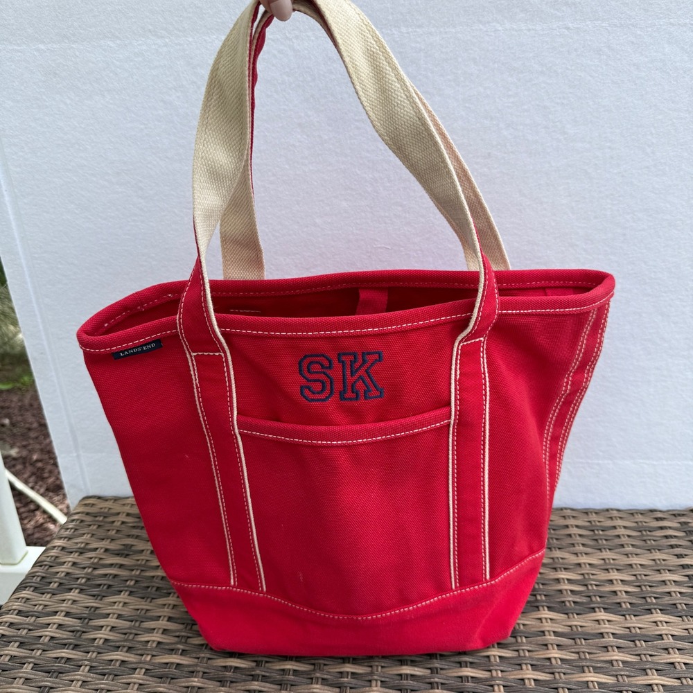 Lands' End Red Cotton Canvas Tote Bag SK Monogram Open Top Beach Travel Shopper